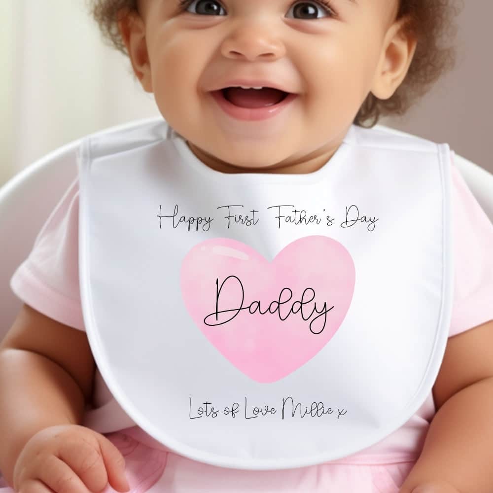 Personalised Pink 1st Fathers Day Baby Outfit: Bib, Vest, Baby Grow - Image 2