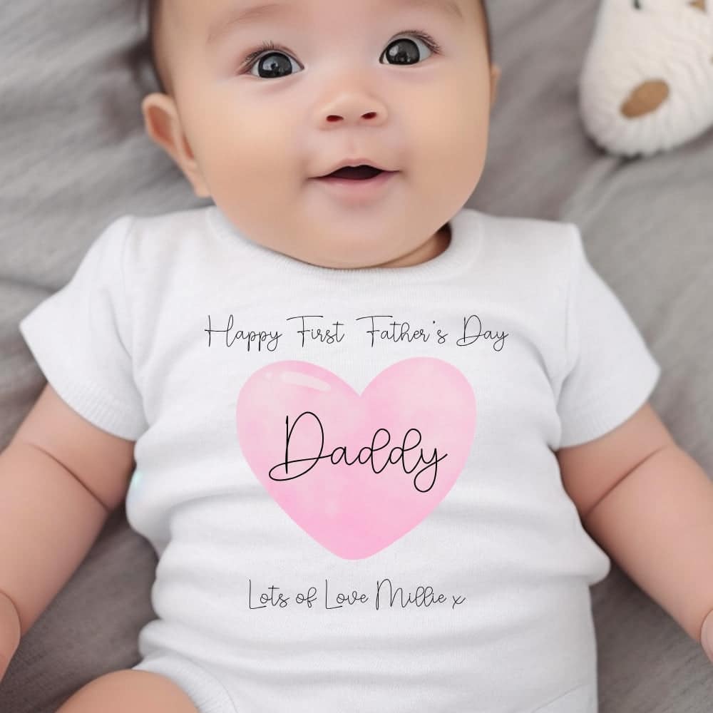Personalised Pink 1st Fathers Day Baby Outfit: Bib, Vest, Baby Grow - Image 3